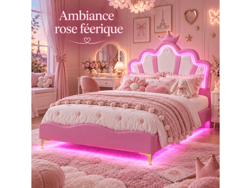 Lit enfant 140x190 avec sommier - éclairage led rgb - lit fille princesse avec tête de lit réglable - décor couronne -similicuir - lit enfant 140x190 avec led réglables -lit fille avec tête de lit en forme de couronne -lit une p… - Conforama C