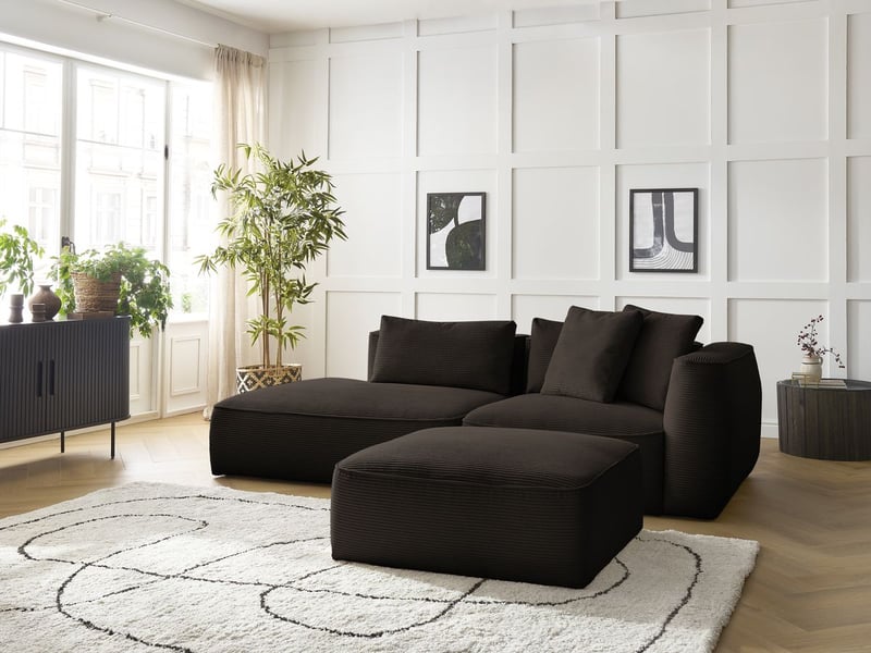  Bobochic canapé droit fixe 3 places leopold velours côtelé avec pouf marron  accoudoir droit LEOPOLD - Conforama D