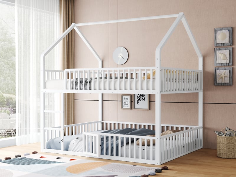  Lit superposé enfant design maison 140x200 cm blanc métal avec échelle et porte ouvrable sous le lit Sol Morn - Conforama E