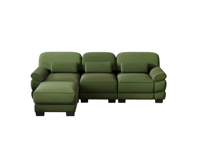 Canapé d’angle 3 places forme l, 1 pouf inclus, soutien lombaire épais, assise profonde, textile confortable, 265 × 161 × 94 cm, vert - Conforama A