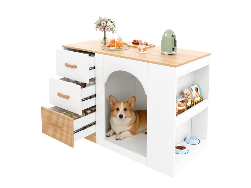  Îlot de cuisine - 120x60x90 cm blanc et bois - 3 tiroirs, rangements latéraux et espace  - Conforama A