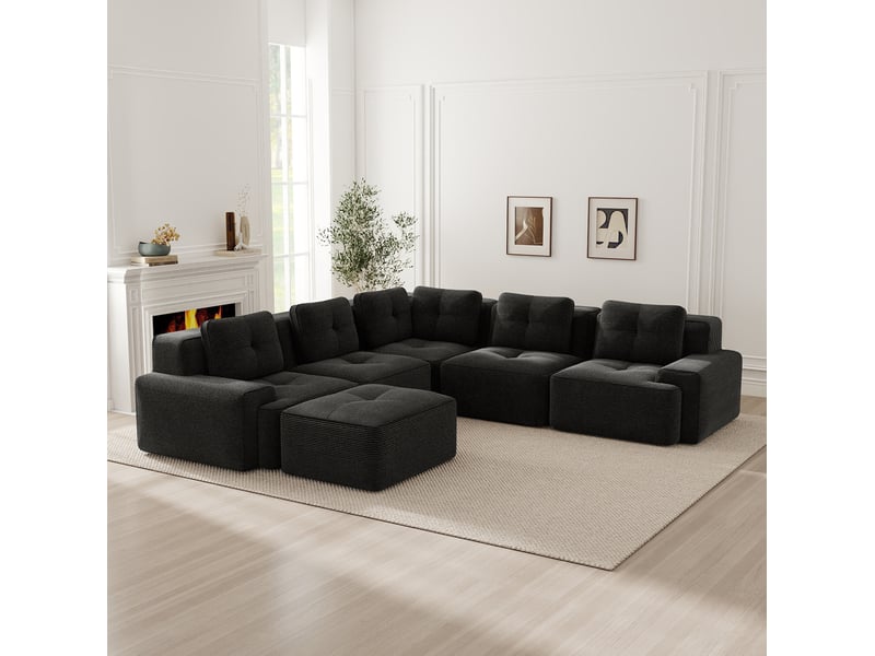  Canapé d'angle modulaire modenvie 5 places en velours côtelé noir, 295 x 295 x 69 cm, assise profonde 74 cm, mousse haute densité 32d, sans montage  - Conforama E