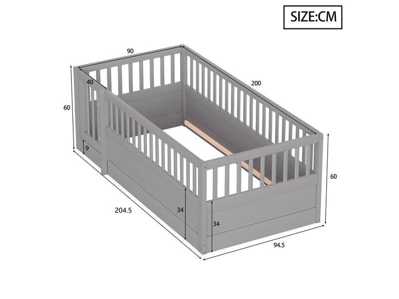 Lit enfant en bois lit simple 90x200 cm avec barrières porte gris  - Conforama C