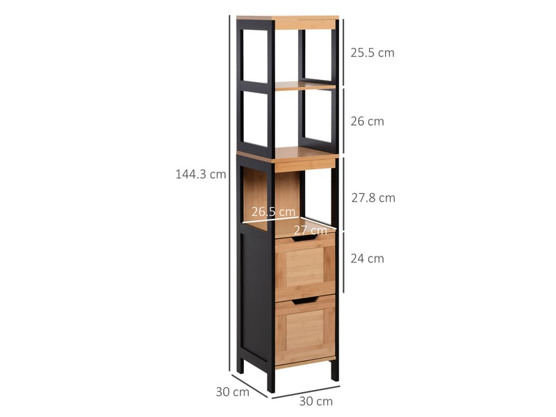  Colonne de salle de bain avec 2 tiroirs et 3 compartiments ouverts, en mdf et bambou, 30 x 30 x 144,3 cm  - Conforama E