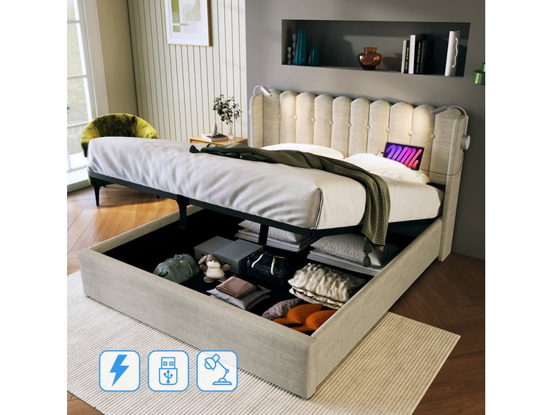  Lit coffre tcqpz 160 x 200 cm avec liseuse, 2 usb, tête de lit et rangement, lin beige naturel  - Conforama E
