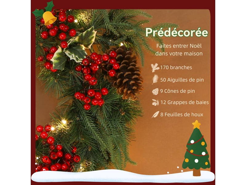  Couronne de noël lumineuse 60 cm avec 35 led, minuterie, 170 pointes, pommes de pin, feuilles de houx, baies, vert  - Conforama R