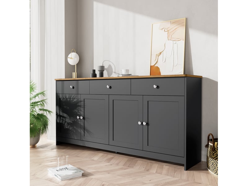  Buffet en bois 160*37*75cm, avec 4 portes et 3 tiroirs - pour salon, salle à manger, couleur de bois foncé et gris noir  - Conforama B