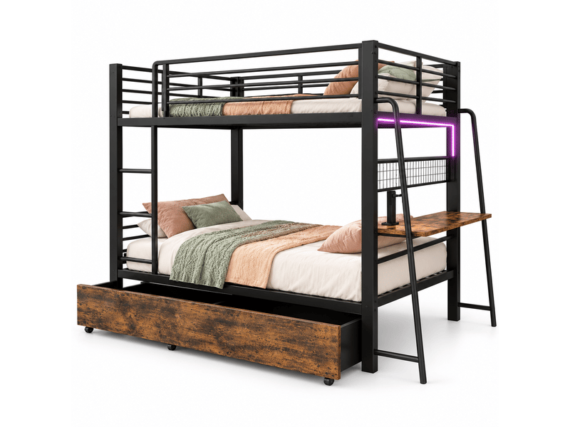  Lit superposé en métal 90x200 cm, 2 couchages avec bureau, led multicolore, ports de recharge et tiroirs de rangement - noir  - Conforama A