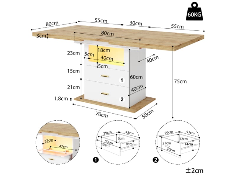  Table à manger extensible en imitation bois mdf 110-140 cm, espace de stockage, lumière led pilotable via app  - Conforama C