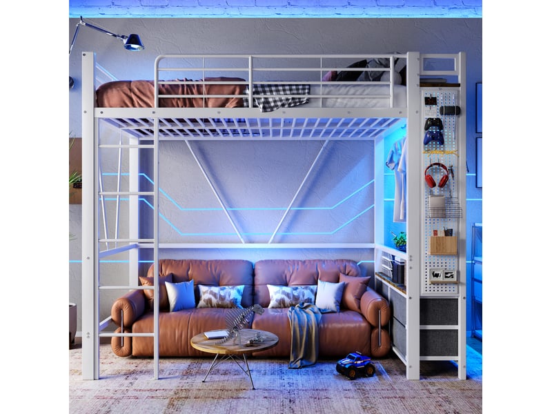 Lit mezzanine 90 x 200 cm en métal blanc avec 4 tiroirs, led, prise et usb-c - Conforama D