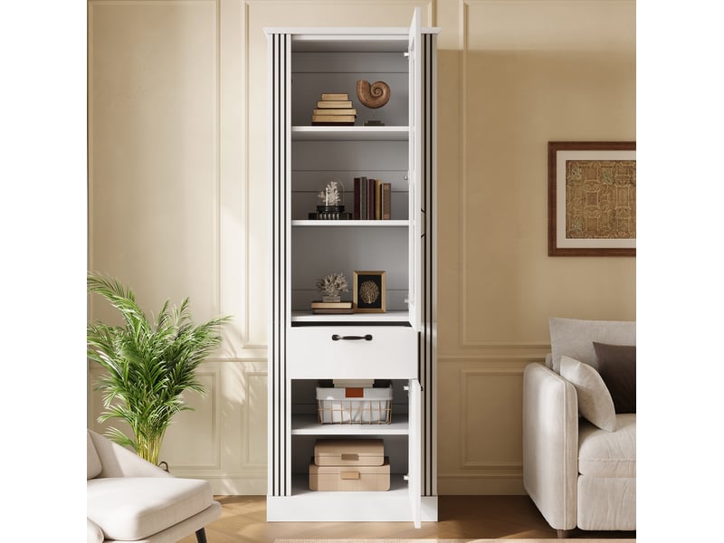  Buffet 62x41x180,5 cm avec éclairage led contrôlé par application, porte miroir, tiroir, panneau de particules, blanc  - Conforama D
