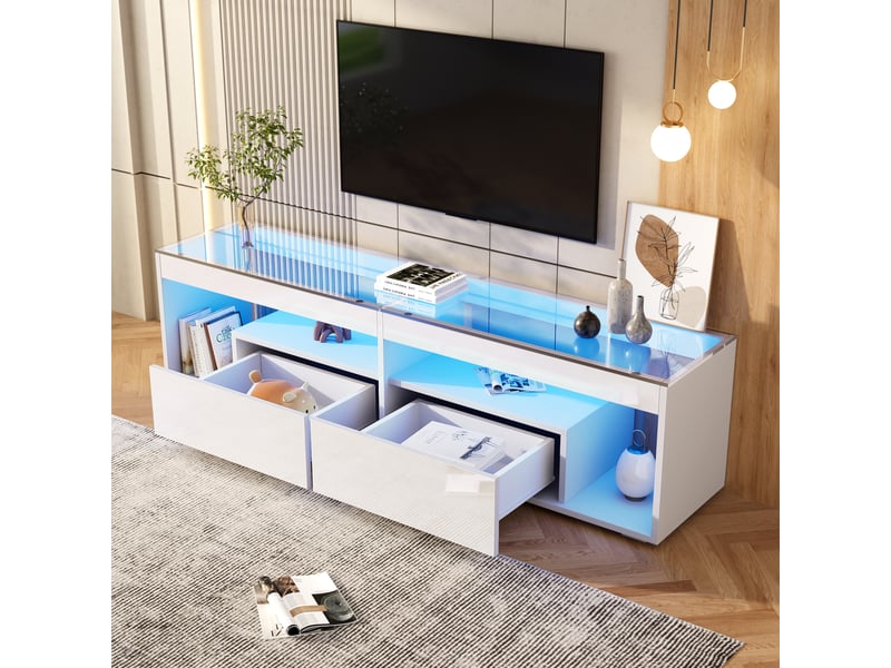  Meuble tv led 180x40x46 cm haute brillance pour tv jusqu’à 70 pouces avec 2 tiroirs, salon chambre, panneaux de particules, blanc Sol Morn - Conforama D