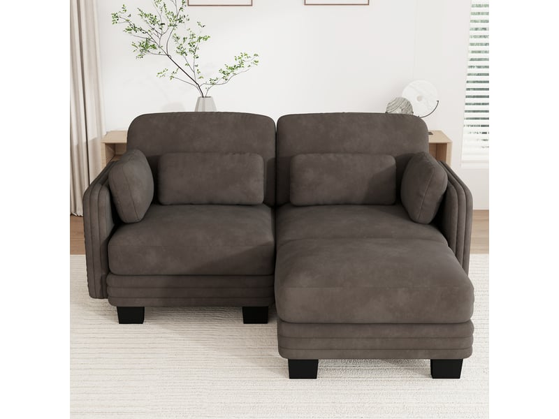 Canapé d'angle modulable - 2 places - forme l - 1 ottoman - coussins d'accoudoirs - tissu chenille - structure en bois massif - brun CozyNest - Conforama B