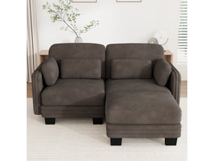 Canapé d'angle modulable - 2 places - forme l - 1 ottoman - coussins d'accoudoirs - tissu chenille - structure en bois massif - brun