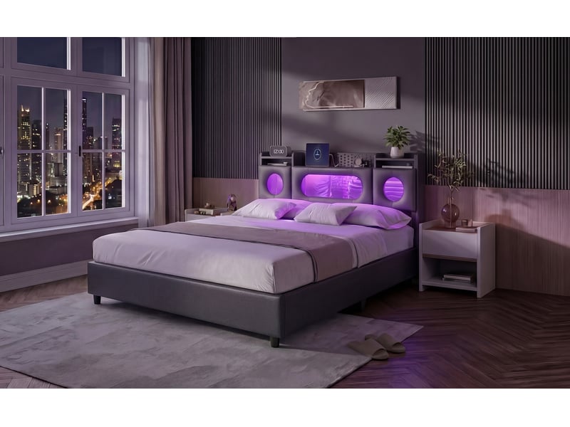  Lit coffre hydraulique 140 x 200 cm-noir - lit double rembourré en pu avec tête de lit de rangement, led rvb et ports usb  - Conforama E