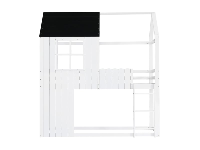  Lit mezzanine enfant 90x200 cm, lit cabane avec toit, escalier à 3 marches, structure pin mdf, blanc noir, sans matelas  - Conforama E
