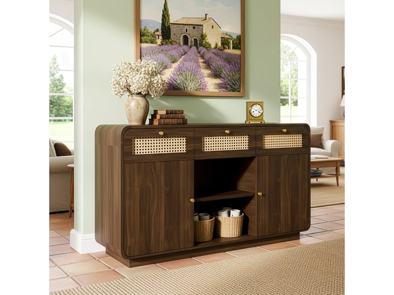 Buffet noyer 120 cm avec 3 tiroirs, 2 portes et étagère ouverte - Conforama B