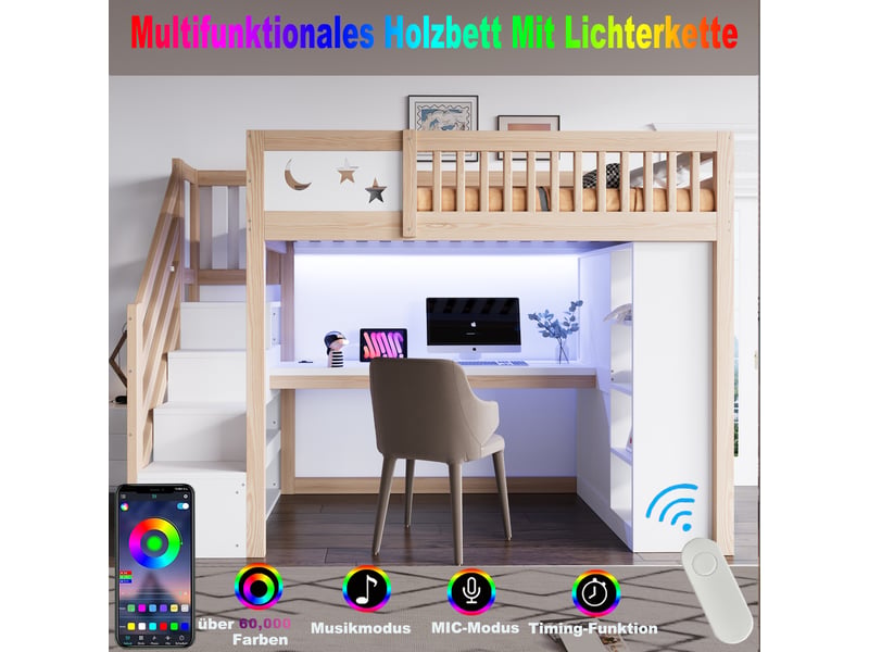 Lit mezzanine - 90x200 cm - bureau intégré - éclairage led - penderie intégrée - escalier avec rangement - bois naturel et blanc CozyNest - Conforama E