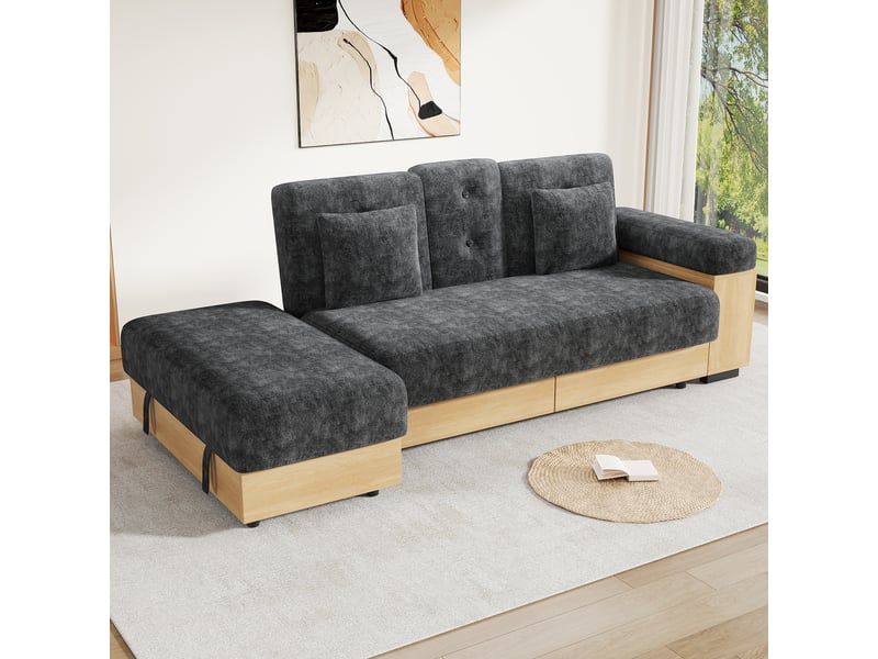 Canapé convertible, canapé-lit, en tissu chenille, gris, porte-gobelets, dossier réglable 3 positions, avec pouf, pour salon, 217 cm  - Conforama R