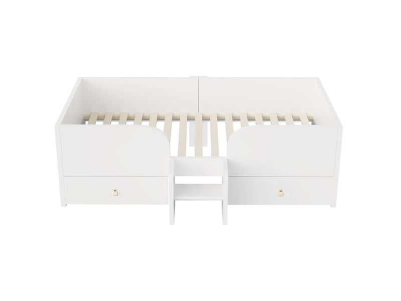  Lit enfant 90 × 200 cm 1 place avec 2 tiroirs, barrières et marche de sécurité, sans matelas, en mdf blanc  - Conforama E