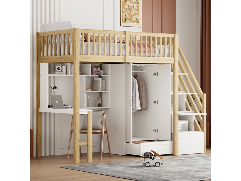  Lit mezzanine 90 x 200, blanc et bois naturel, grande penderie, étagère, table et marches coffres multi-usage  - Conforama D