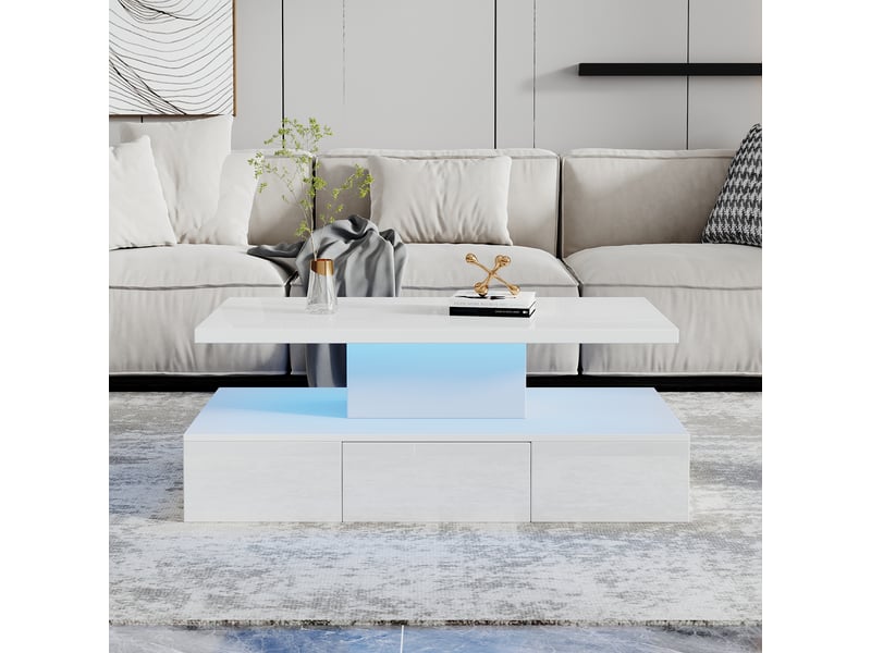  Table basse blanche led 100x50 cm, table de salon brillante avec tiroir et étagère ouverte, contrôle app  - Conforama D