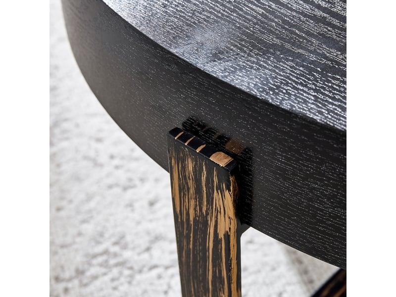  Table basse ronde noire diamètre 68 cm, effet bois vieilli et piètement métal bronze antique  - Conforama R