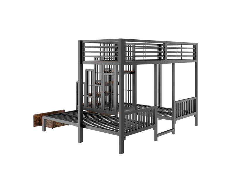  Lit superposé,90 x 200 cm,avec escalier central, barrières de sécurité, tiroirs et construction robuste en acier, noir  - Conforama E