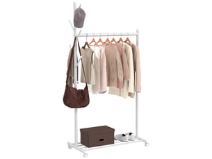 Porte-manteau à roulettes, 5 crochets et étagère à chaussures inférieure, en métal, charge maximale 9 kg, blanc