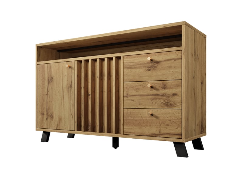  Buffet 120 cm effet chêne foncé, 2 portes, 3 tiroirs, niches ouvertes  - Conforama A