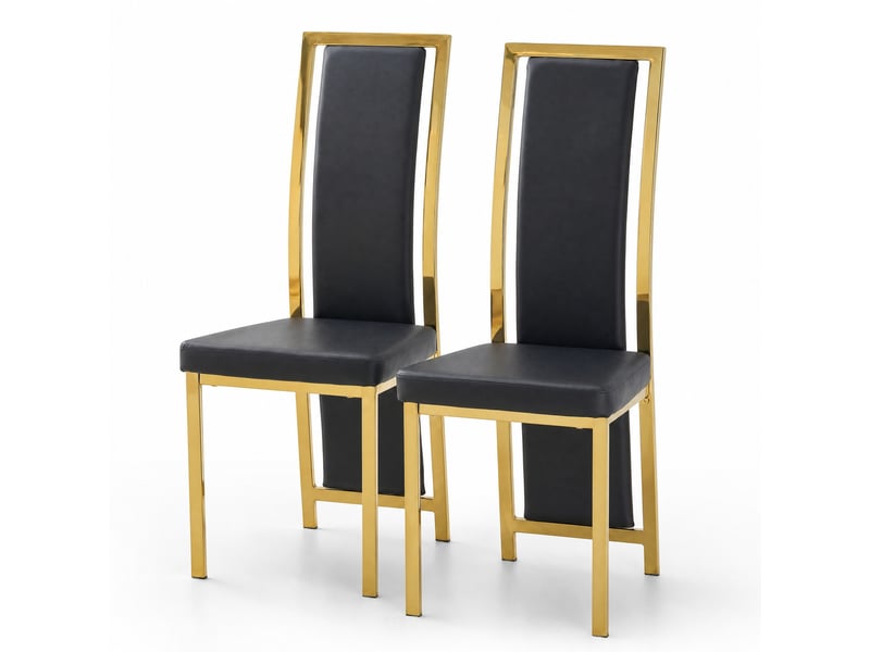 Lot de 2 chaises de salle à manger 109 cm, chaise cuisine, dossier incurvé, assise confort, moderne, métal doré, pu noir  - Conforama A