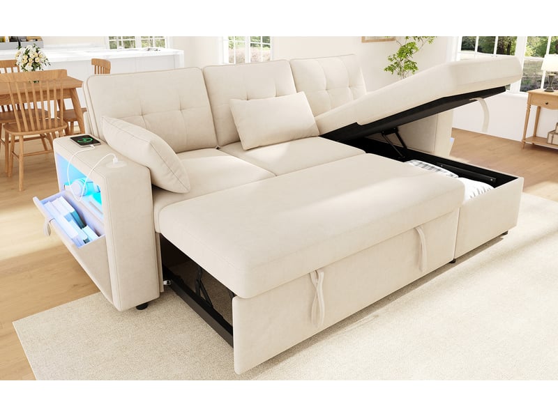 Canapé d'angle en l convertible, méridienne réversible, rangement, led, usbtype-c, tissu chenille beige - Conforama B