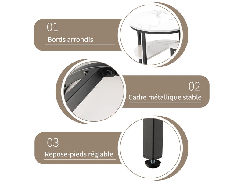  Table basse ronde gigogne 2 niveaux avec rangement, pour salon, plateau effet marbre en mdf, structure en métal noir  - Conforama W