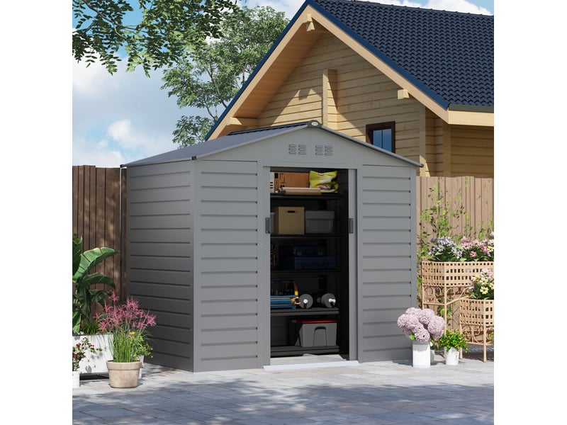  Abri de jardin en acier galvanisé 2,43 m², avec toit à deux pans, portes coulissantes verrouillables, gris  - Conforama B