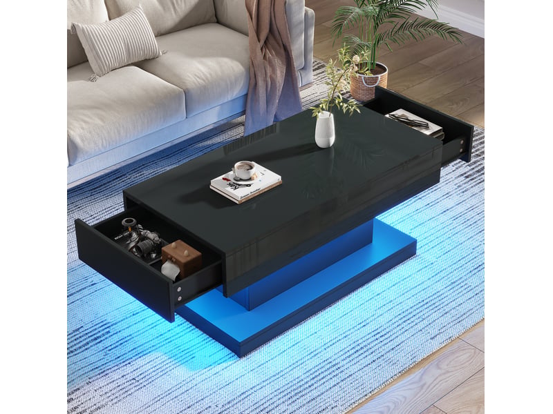  Table basse 100x50x45 cm 2 tiroirs led panneau de particules noire  - Conforama B