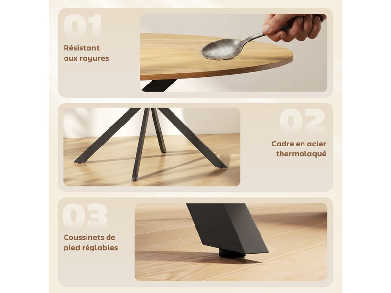 Table à manger ronde pour 4 personnes 100 cm, piètement croisé en acier chêne, style industriel avec plateau aspect bois - Conforama R