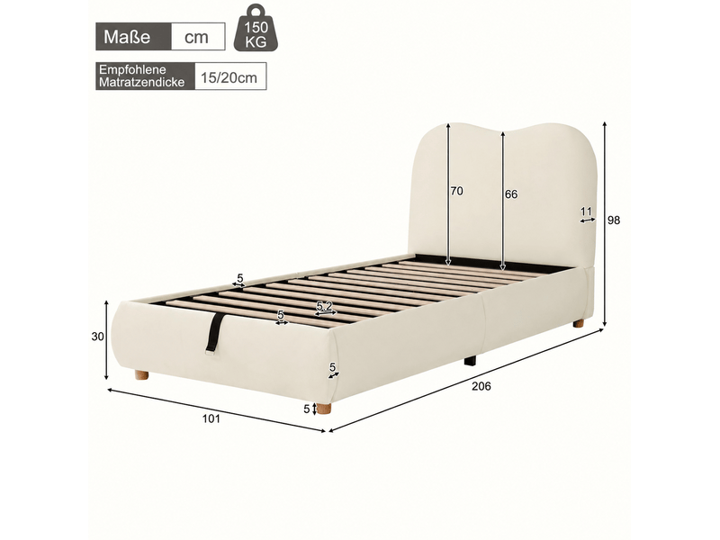  Lit enfant coffre modenvie 90 x 190 cm hydraulique avec sommier velours beige  - Conforama C