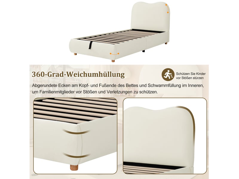  Lit enfant, coffre de rangement, tête de lit épaisse, sommier à lattes, sans matelas, pour la chambre, coloris beige  - Conforama E