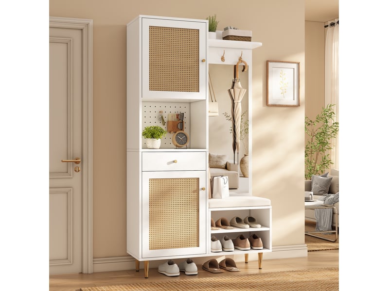 Vestiaire avec banc à chaussures et miroir 99x35x180 cm, blanc et naturel - Conforama B