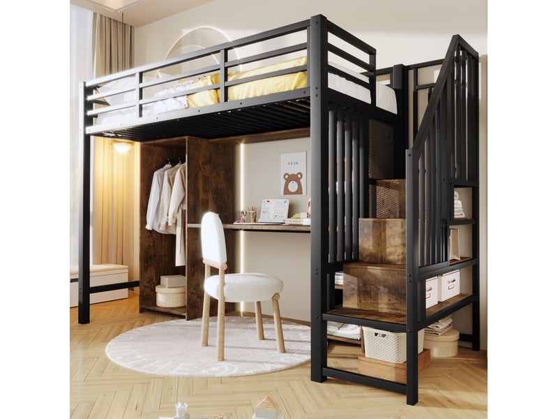  Lit mezzanine 90x200 cm avec rangement, armoire et bureau noir  - Conforama D