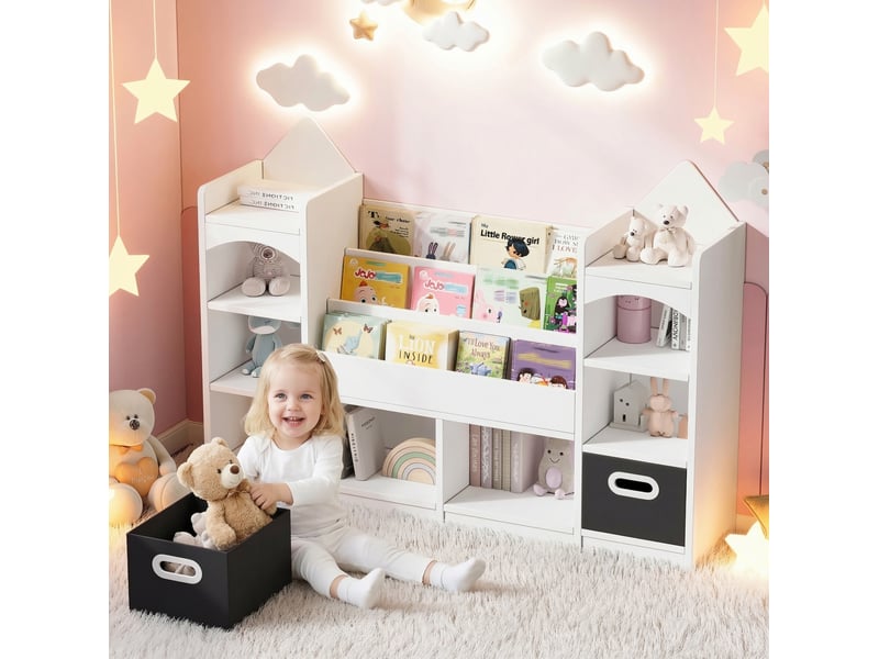  Bibliothèque enfant 130x30x90 cm blanche en mdf, 2 boîtes pliables, rangement de livres et jouets pour chambre  - Conforama B
