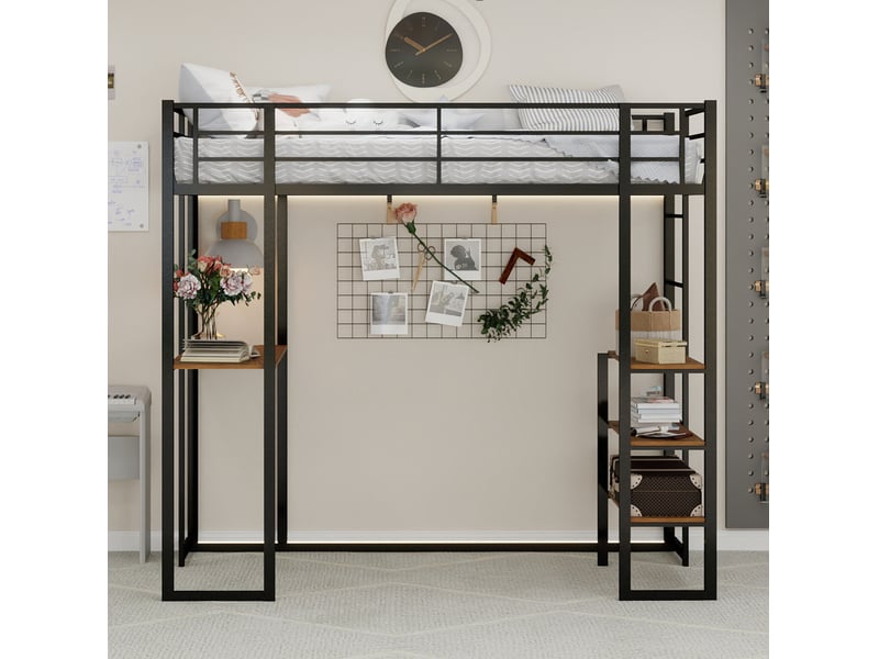  Lit mezzanine 90x190 cm avec bureau et garde-corps métal noir sans matelas  - Conforama D