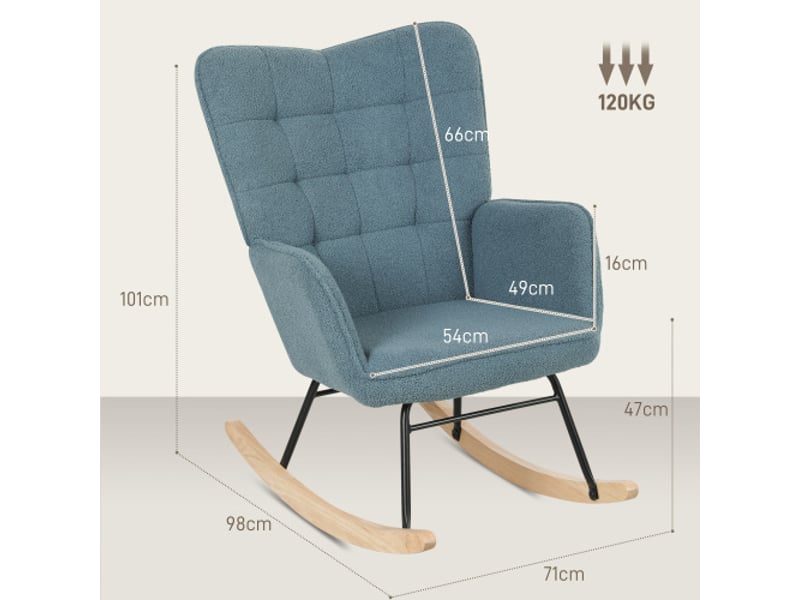  Fauteuil à bascule bleu clair en tissu bouclé, accoudoirs, patins en bois, rembourré, charge 120 kg  - Conforama C