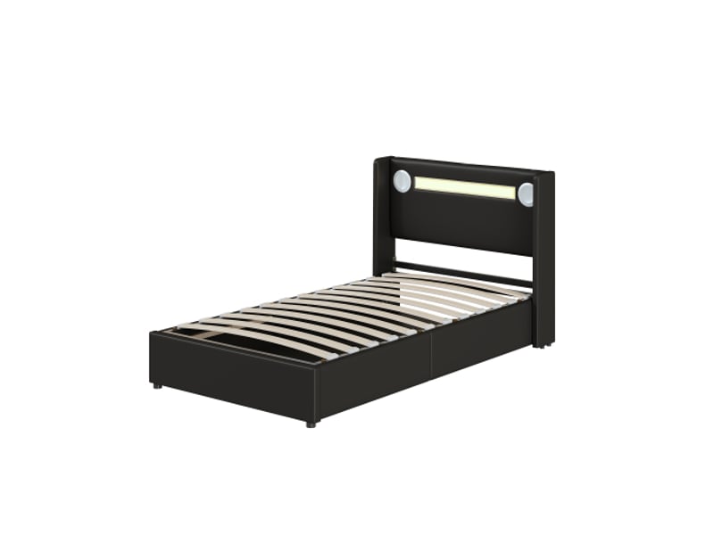  Lit coffre 90x200 cm, lit enfant avec éclairage led, lecteur bluetooth et usb, en cuir pu noir, sans matelas  - Conforama E