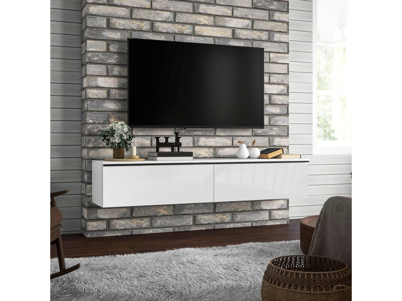  Meuble tv suspendu avec placard, pour téléviseurs jusqu'à 70 pouces, blanc, effet brillant  - Conforama A