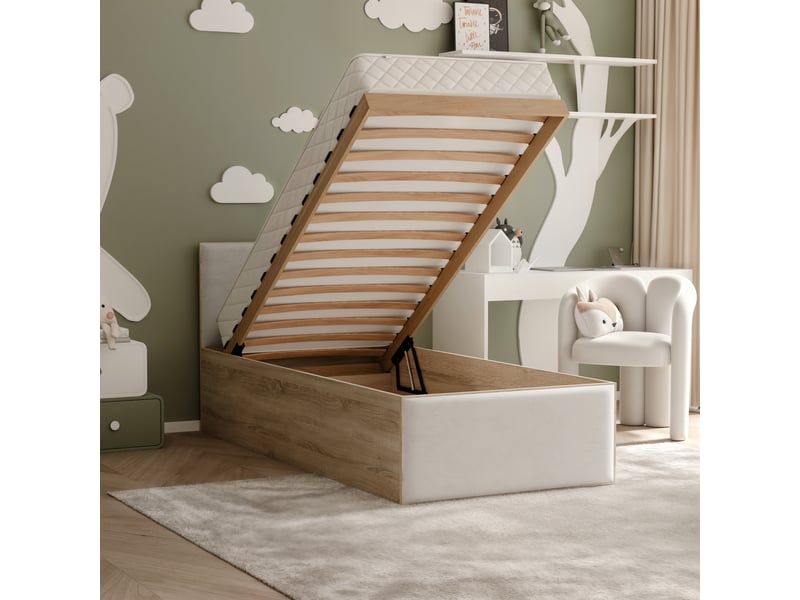  Lit coffre sashi - 90x200 cm - avec matelas - tissu velours - sonoma beige clair SASHI - Conforama C
