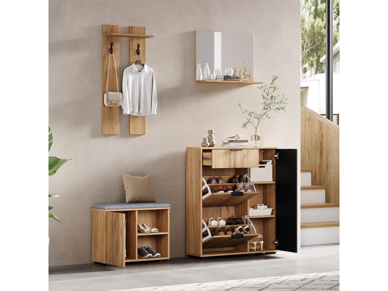  Meubles d’entrée avec banc à chaussures, miroir, 4 portes, 1 tiroir et 2 crochets, pour couloir, 140×35×139 cm  - Conforama B