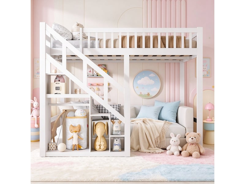 Lit mezzanine enfant 90x200 cm avec escalier et rangements, lit simple avec barrières de sécurité, structure en bois blanc, sans matelas  - Conforama B