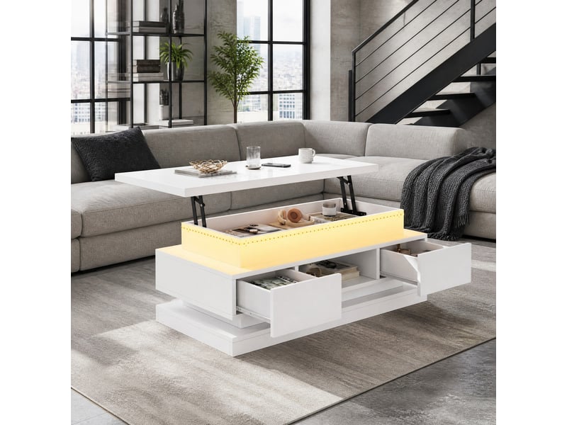  Table basse relevable avec 2 tiroirs, rangement caché et led pour salon 100×50×40 cm en panneaux de particules blanc  - Conforama B