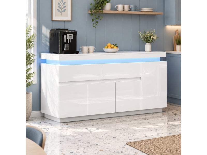 Buffet bas blanc 140 x 35 x 72,5 cm avec 2 tiroirs, 4 portes, éclairage led et port usb - Conforama D